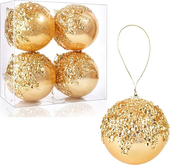 4" Gold Shatterproof Christmas Ball Ornaments, 4pc Set for Xmas Trees and Holiday Decor
