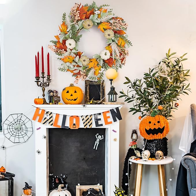 GENMOUS 24inch Fall Wreaths for Front Door, Maple Leaves Autumn Wreath Eucalyptus Berries Pumpkins Lamb Ears Leaves, Porch Wall, Home Outdoor Indoor Thanksgiving Halloween Harvest Holiday Fall Decor