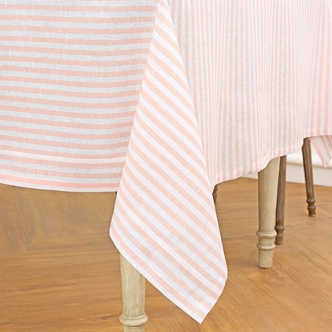 Solino Home Linen Striped Tablecloth 60 x 132 Inch - 100% Pure Linen Coral and White Table Cloth for Rectangle Tables - Amalfi Stripe, Machine Washable Tablecloth