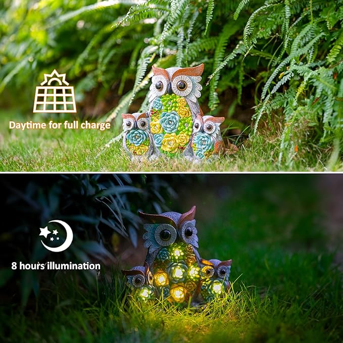 Solar Garden Statue Lights Owl Figurine with LED Lights, Outdoor Garden Succulent Ornaments, Mothers Day Mom Gifts for Outside Patio Yard Lawn Decor