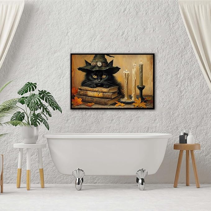 JFHCQJPK Vintage Halloween wall decoration black cat and magic book suitable for home bedroom living room decoration dark classic art witch wall decoration8x12in Metal blackFramed