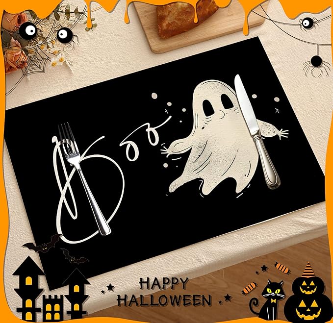 Funny Halloween Placemats Set of 4, 12x18 Inch Boo Decorative Table Mats, Washable Heat Resistant Place Mats for Kitchen Dining Table, Halloween Themed Decoration for Home-B03