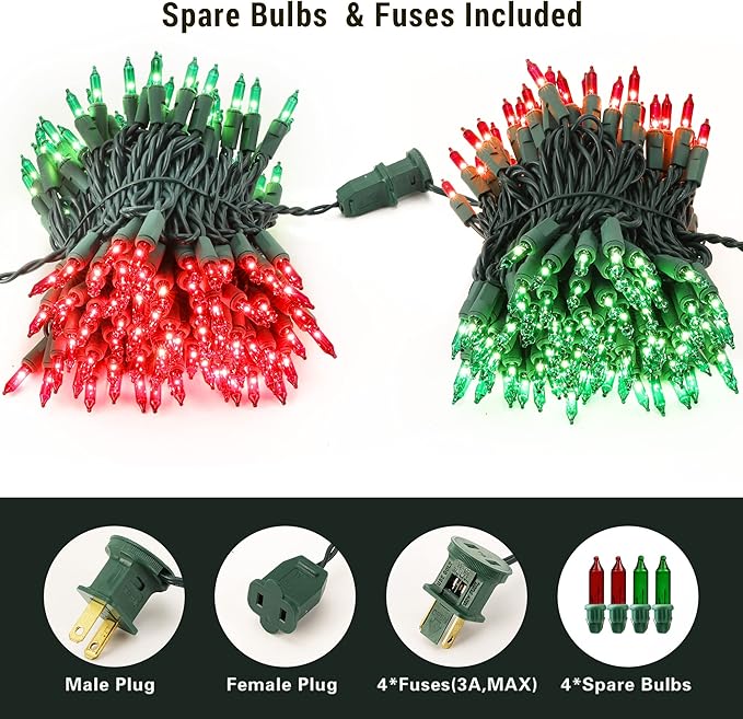 BrizLabs Red & Green Christmas Lights, 300 Counts 69.6ft Mini String Lights Connectable, UL Certified Incandescent Christmas String Lights Plug-in Tree Lights for Indoor Outdoor Xmas Home Decor