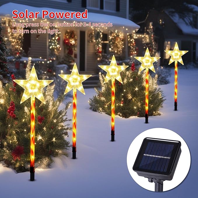 Christmas Solar Pathway Lights Outdoor Decorations, Modes Star Candy Lights Waterproof Led Garden Stake Light for Walkway Yard Lawn Porch Holiday Decor 5-Pack (Red Tube Star, 5 Pack)