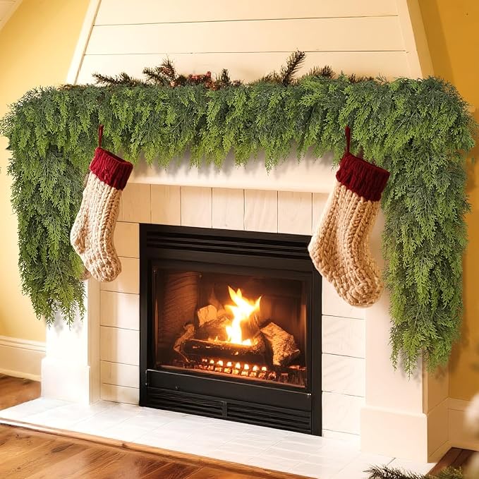 9FT Real Touch Cedar Garland - Artificial Christmas Garland Fake Green Faux Thick and Lush Pine Needles Garlands for Table Fireplace Mantle Holiday Home Indoor Outdoor Decor (2PCS)