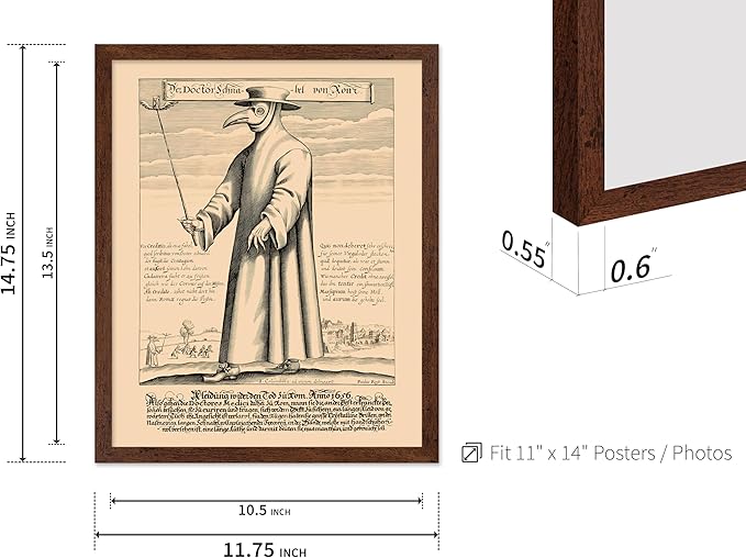 Poster Master Vintage Medieval Poster - Retro Illustration Print - Gift for Friend - Plague Doctor, Pandemic Mask, Physician, Black Death - Wall Decor for Home, Living Room, 11x14 Brown Framed