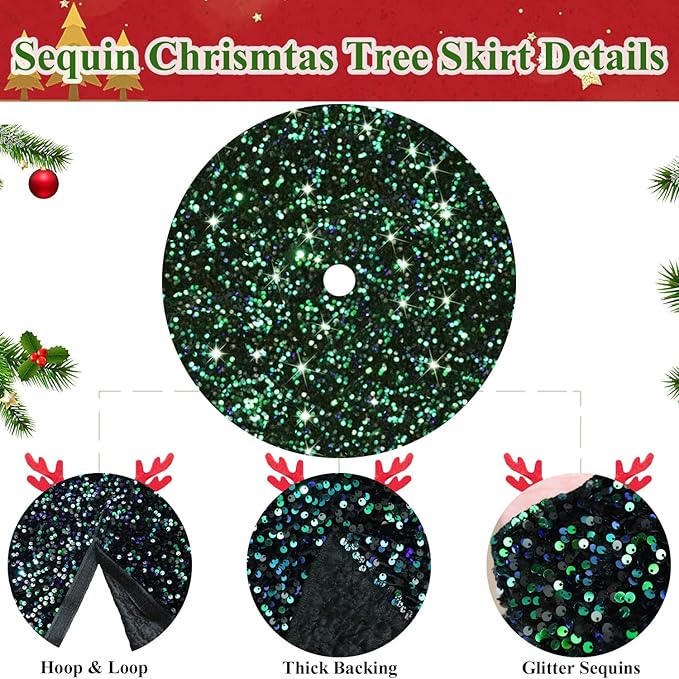 MODFUNS Green Christmas Tree Skirt Black Sparkly Tree Skirt 36 Inch Sequin Velvet Tree Skirts for Artificial Trees Glitter Xmas Tree Skirts Vintage Xmas Tree Collar for Christmas Home Supplies