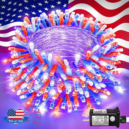 4th of July Decorations Outdoor Red White and Blue Lights, 82FT 250 LED 4th of July Lights Connectable Patriotic String Light Plug in for Memorial Day Independence Day Decorations
