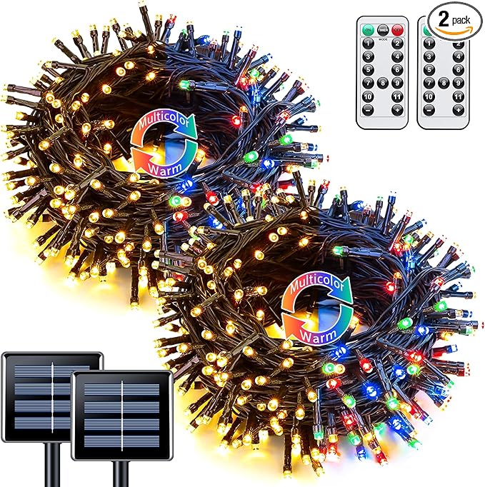 JMEXSUSS 2 Pack Warm White & Multicolor Solar Christmas Lights Outdoor, Each 100 LED 33ft Solar Color Changing Lights Outdoor Waterproof for Christmas Tree Decorations