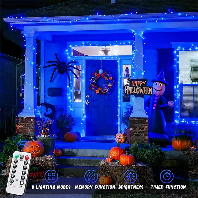 JMEXSUSS 33ft 100 LED Blue Christmas Tree Lights, Battery Operated Christmas Lights with 8 Modes Remote Waterproof Outdoor Indoor for Halloween Christmas Outside Decorations