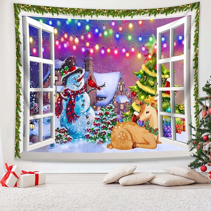 QGHOT Christmas Window Tapestry Wall Hanging, Christmas Backdrop Winter Window Wall Decor Xmas Snowman Deer Tapestries for Bedroom Living Room Dorm Holiday Party Decoration, Large