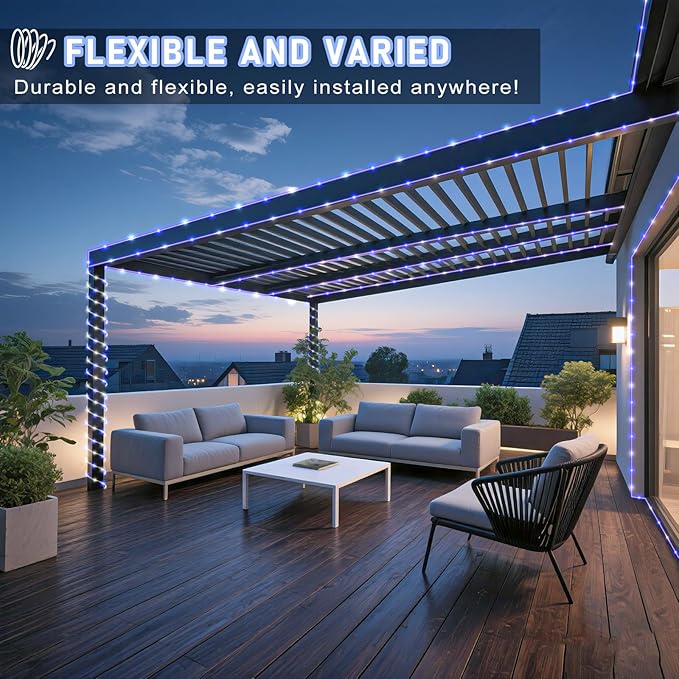 Rope Lights for Outside, 66FT 200 LED Christmas Lights Outdoor with Waterproof 8 Modes, Connectable Tube String Light for Indoor Bedroom, Garden, Backyard, Patio, Pool Decorations - Blue White