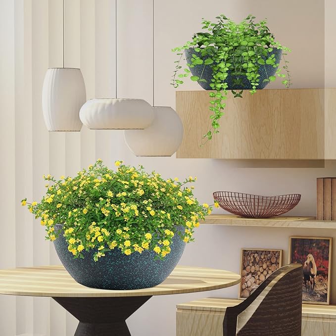 WOUSIWER 13 inch 2 Pack Large Hanging Planters for Indoor Outdoor Plants with Drainage Holes and Chain, Round Hanging Flower Pots for Garden Home Porch Decor, Black with Green Speckles