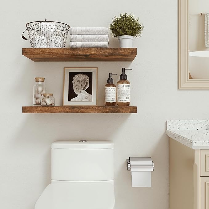 Floating Shelves for Wall 24 inchs Long, 9.1” Deep x 1.5” Thick Wall Shelves for Bedroom, Living Room, Bathroom，Kitchen, Office, Rustic Farmhouse Shelf Decor with Invisible Bracket, Set of 2