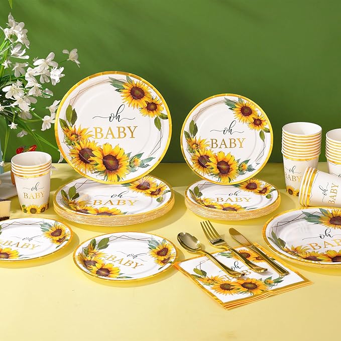 168Pcs Sunflower Baby Shower Decorations for Girl, Baby Shower Plates and Cups and Napkins Sets, Sunflower Plates Serve 24, Baby In Bloom Yellow Oh Baby Party, Easter Spring Summer Fall Party
