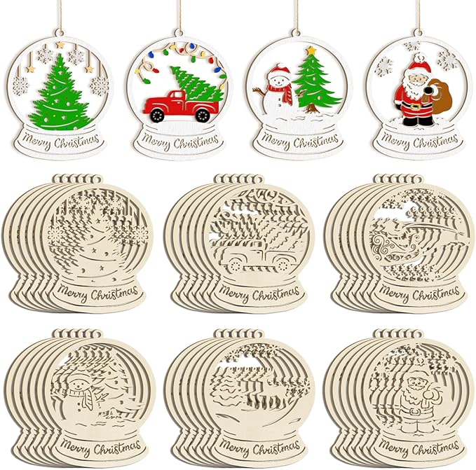 36PCS Wooden Hollow Christmas Ornaments for Paint Christmas Tree Decorations 6 Styles, DIY Blank Unfinished Wood Reindeer Santa Claus Snowman Snowflake Angle Cutouts for Crafts Winter Hanging Decora