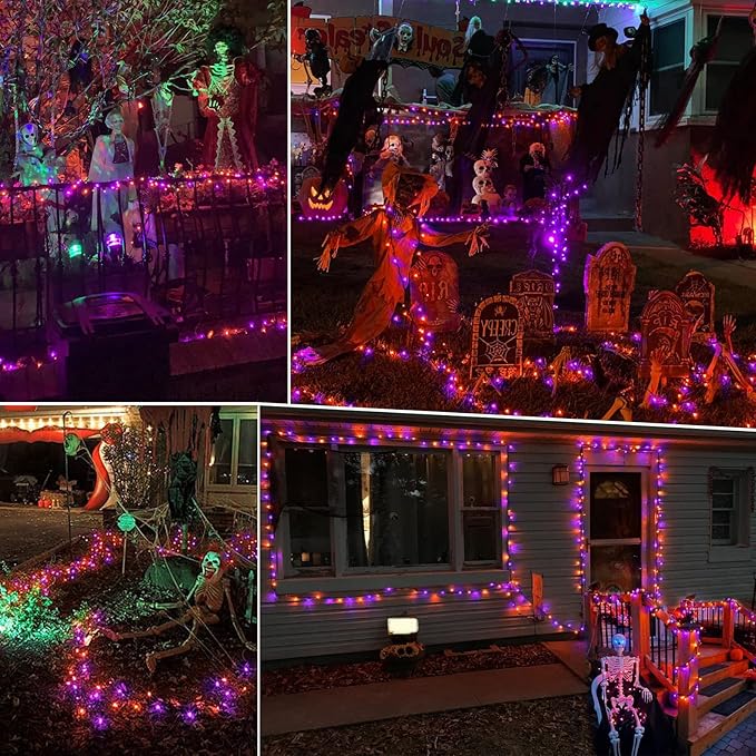 ODEETRONIC Purple Orange Lights, 21.63ft 100 Count Mini Incandescent Halloween Lights, 120V UL Certified Connectable Plugin Outdoor Tree Light, Brown Wire Indoor String Light for Party Spooky Decor