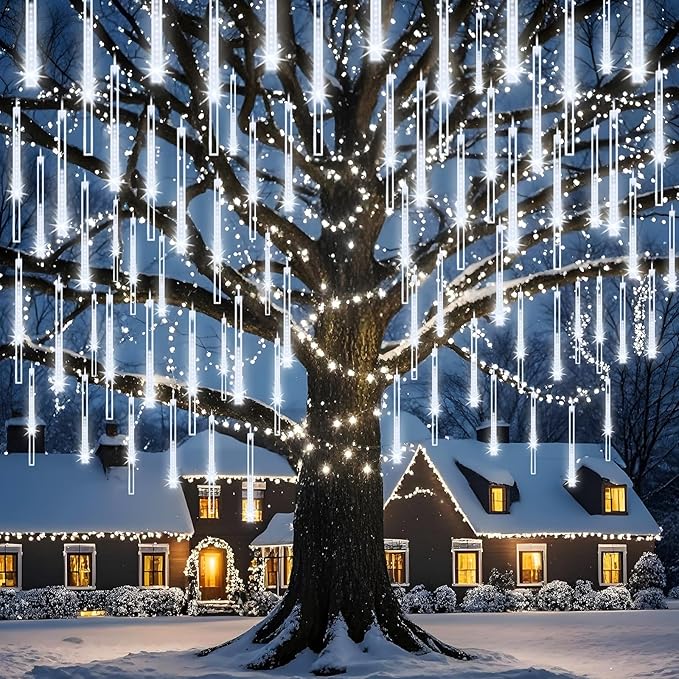Christmas Lights Outdoor, Meteor Shower Lights 8 Tubes 192LED UL Certified Snow Falling Rain Cascading Icicle Light for Xmas Tree Christmas Decorations Outdoor Wedding Party Window, White