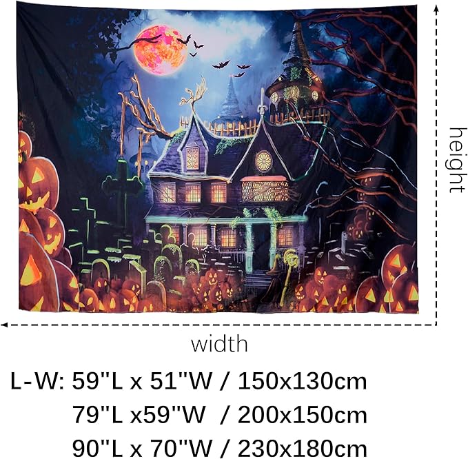 OSVINO Blacklight Halloween Castle Tapestry 79"x59" Pumpkins Bats Crosses Backdrop Bedroom Aesthetic Hippie Room Decor Glow in The Dark Wall Poster for Halloween Easter