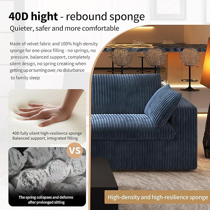 157.5" L Shaped Modern Sofa Modular Sectional Cloud Couch with Ottoman,Deep Seat Upholstered Couches with Corduroy Fabric for Living Room Furniture,Bedroom and Apartment,No Assembly Required,Blue