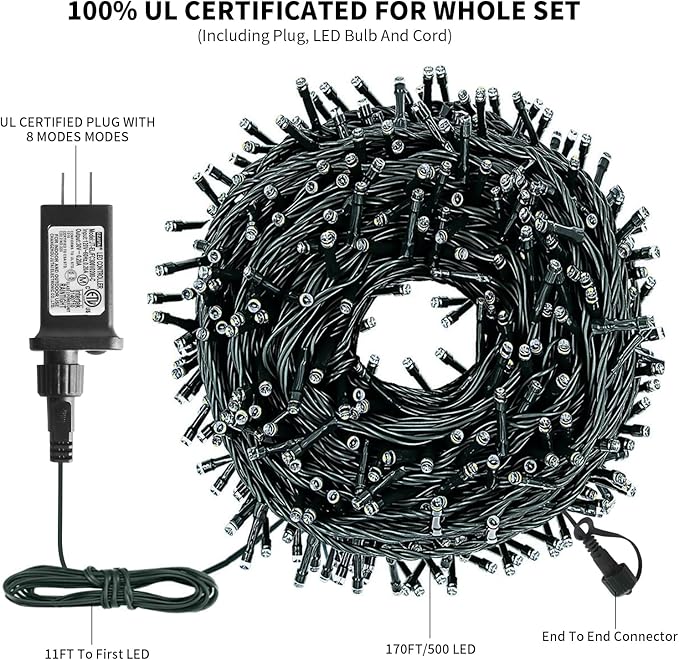 XTF2015 170FT 500 LED Christmas String Lights, Christmas Lights End to End Plug 8 Modes Memory Function with Timer, UL Certified Outdoor Indoor Fairy Light Christmas Tree, Patio, Party (Warm White)