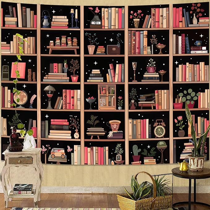 Accnicc Modern Bookshelf Tapestry Black Pink Orange Stylish Minimalist Book Shelf Tapestries Wall Hanging Art Dark Academics Library Book Tapestry for Bedroom Living Room Dorm 80 x 60 inch