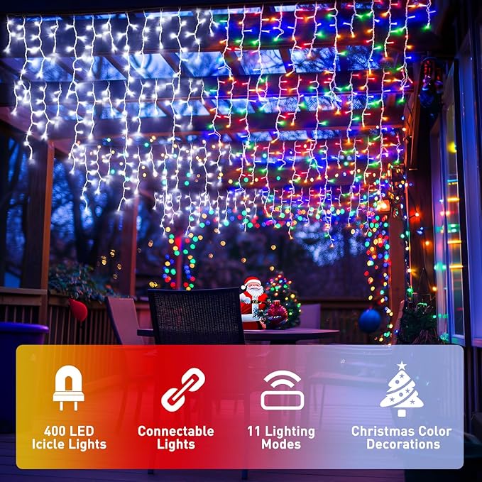 JMEXSUSS Color Changing Lights Outdoor Waterproof, 11 Modes 400 LED Christmas Icicle Lights with 40 Drops, White to Multicolor Icicle Lights for Indoor Christmas Eaves Party Decorations