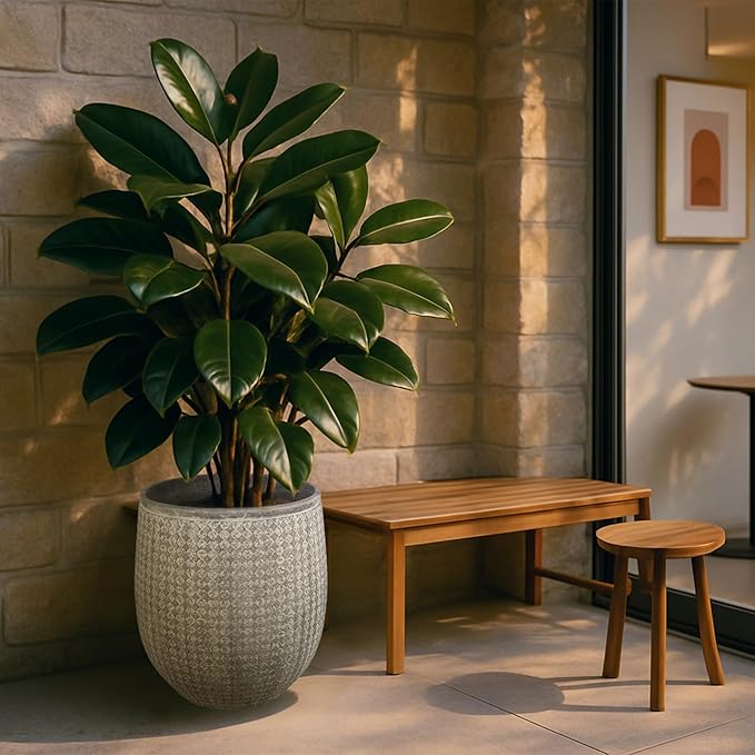 Worth Garden Large Grey Round Planter – 14.5" Dia x 17.5" H Lightweight Magnesium Oxide Cement Plant Pot with Texture – Raised Pattern Concrete Look – Drainage Hole – Indoor & Outdoor Use