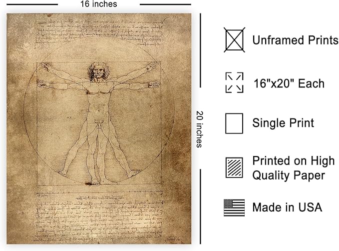 Poster Master Vintage Leonardo Da Vinci Poster - Retro Vitruvian Man Print - Drawing Art - Renaissance Art - Gift for Men & Women - Decor for Living Room, Bedroom or Office - 16x20 UNFRAMED Wall Art