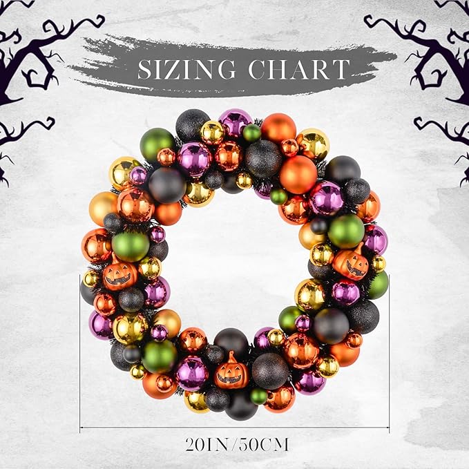 JORNOY 20inch Large Halloween Ball Wreath with Ghost & Pumpkin Accents - Seasonal Orange/Black Wall Hanging, Front Door, Mantel, Porch Decor for Home