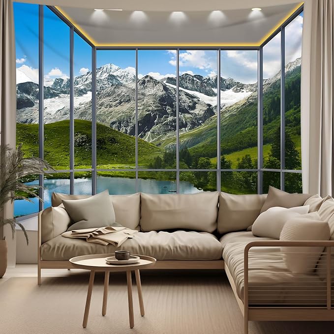 dueeia Window Tapestry Wall Hanging Mountain Forest Lake Nature Landscape Wall Tapestries for Bedroom Office Living Room Wall Decor (28.7"x37.4")