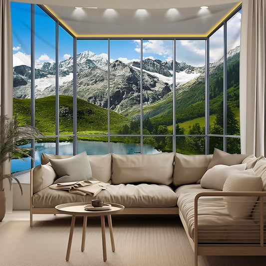 dueeia Window Tapestry Wall Hanging Mountain Forest Lake Nature Landscape Wall Tapestries for Bedroom Office Living Room Wall Decor (28.7"x37.4")