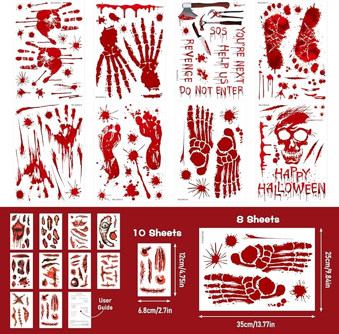 New Halloween Decorations 165 PCS, 8 Sheets Bloody Handprint Footprint Halloween Wall Decal Floor Window Stickers,10 Sheets Wound Tattoo Stickers