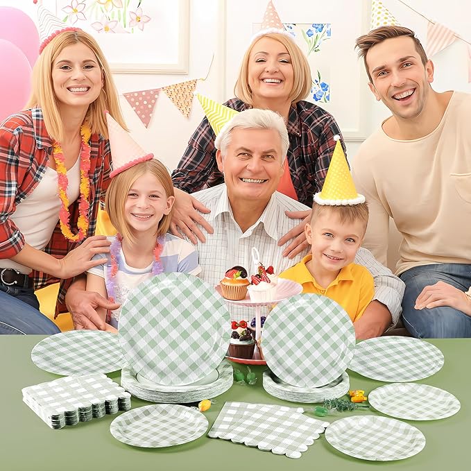 200Pcs Sage Green Gingham Party Supplies Gingham Paper Plates and Napkins Cups Sage Plaid Plates Disposable Green and White Plaid Party Decor for Birthday Family Picnic BBQ,Serves 50 Guests