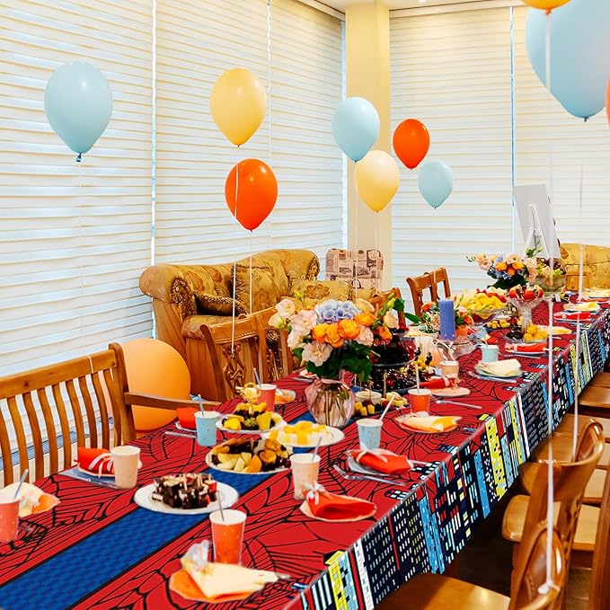 Oudain 5 Pcs Spider Tablecloth 108 x 54 in Red and Blue Plastic Disposable Table Covers City Web Theme Birthday Party Decorations Large Table Cloths for Party Indoor Outdoor (Classic)