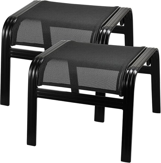 Patio Footstools Outdoor Foot Rest Aluminum Patio Ottomans Portable Seat Wicker Furniture Stackable Ottoman 2 Pieces Black