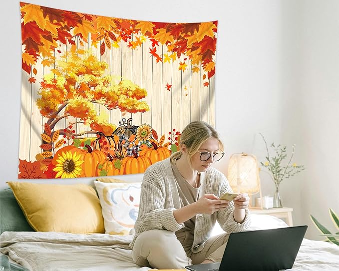 QGHOT Fall Tapestry Wall Hanging Autumn Photo Backdrop Rustic Orange Wood Tapestry Tree Maple Leaf Pumpkin Nature Landscape Country Tapestries for Bedroom Room Thanksgiving Decor (59.1"x51.2")