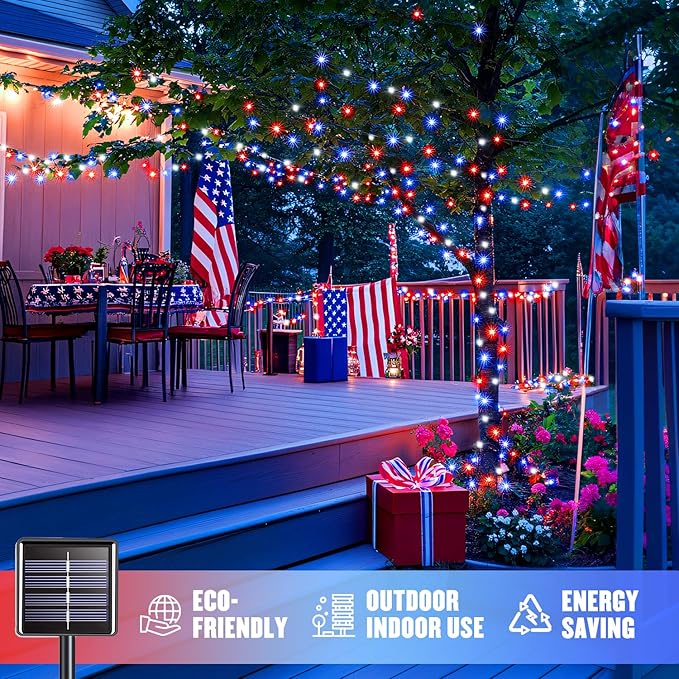 JMEXSUSS 2 Pack Red White and Blue Solar Lights 100LED 33ft Patriot Solar String Lights Waterproof, 8 Modes 4th of July Lights for Independence Day, Gardens, Tree, Outdoor 4th of July Decorations
