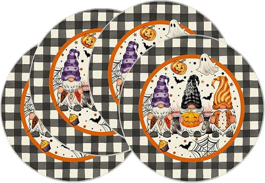 XCHI Spooky Boo Plaid Gnome Halloween Round Placemats Set of 4 Table Mats for Party Home Kitchen Dining Table Decorations 14x14 Inch