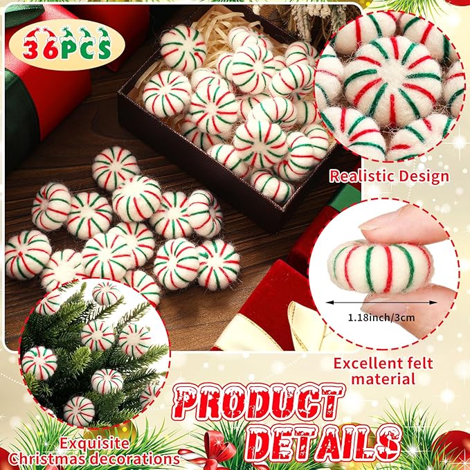 36 Pcs Felt Peppermint Decoration Christmas Wool Peppermints Christmas Arts Crafts Supplies, DIY Garland for Tree Home Vase Filler Decoration(Green)