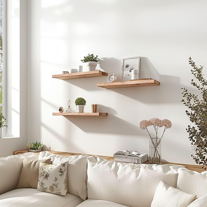 Wood Floating Shelves for Wall Decor, Rustic Wall Shelves for Bedroom Bathroom Kitchen Living Room, Set of 6 Light Walnut