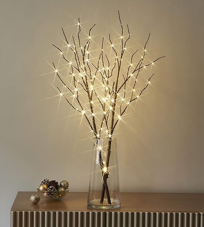LITBLOOM Lighted Brown Willow Branches 32IN 100 LED with Timer Battery Operated, Tree Branch with Warm White Lights for Holiday Christmas Decoration Indoor Outdoor Use