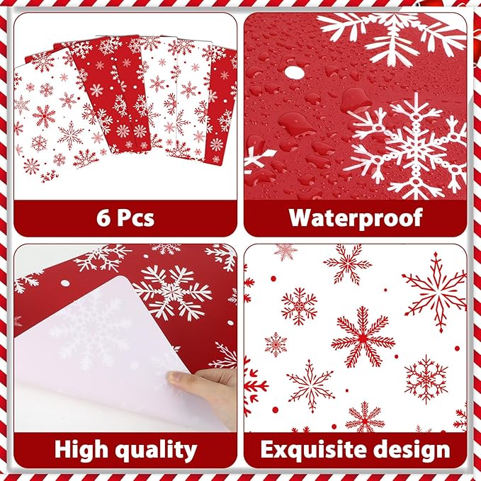 Christmas Placemats Set of 6 Christmas Red and White Snowflake Plastic Table Mats Winter Place Mats Washable Seasonal Xmas Winter Holiday Table Decoration for Indoor Outdoor Party Kitchen Dining
