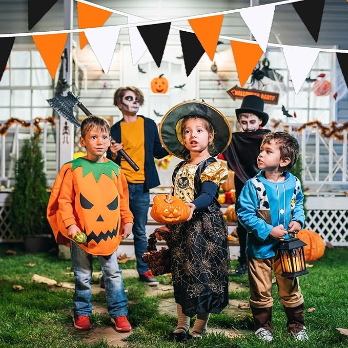 MARFOREVER Orange Black White Halloween Pennant Banner, 30Pcs Fabric Triangle Flags Bunting Garland Halloween Hanging Decorations for Garden Baby Shower Thanksgiving Wedding Outdoor Indoor Supplies