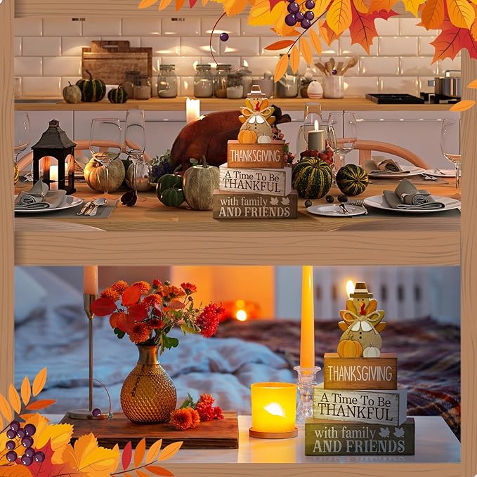 4 Pcs Fall Decoration for Home Thanksgiving Table Decoration Wooden Turkey Fall Tiered Tray Decor Thanksgiving Centerpiece Rustic Decorative Turkey Block Signs Gift Decor for Home Kitchen