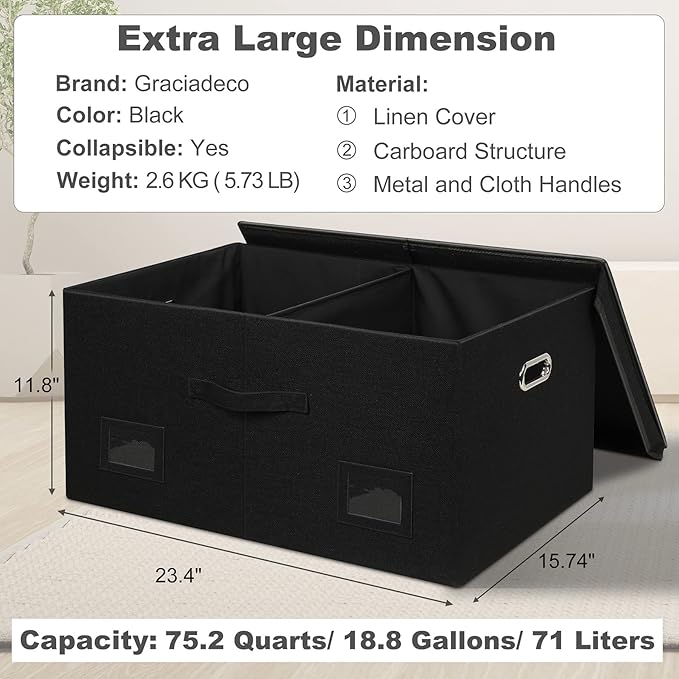75 Quarts Extra Large Decorative Storage Bins with Lids, 1 Pack Black Collapsible Storage Bins with Lids, Stackable Storage Bins Decorative Box Storage With Lid Extra Large