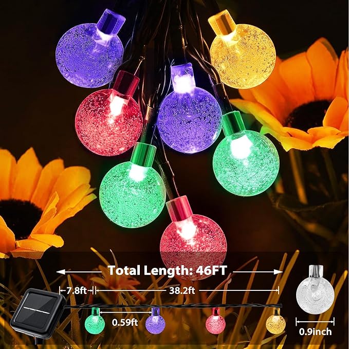 Outdoor Solar String Lights, 2x46FT 66LED 8Modes Crystal Color Solar Powered Christmas Fairy String Lights for Outside Yard Fence Easter Holiday Party Camping Porch Decor 2Pack(Multicolor)