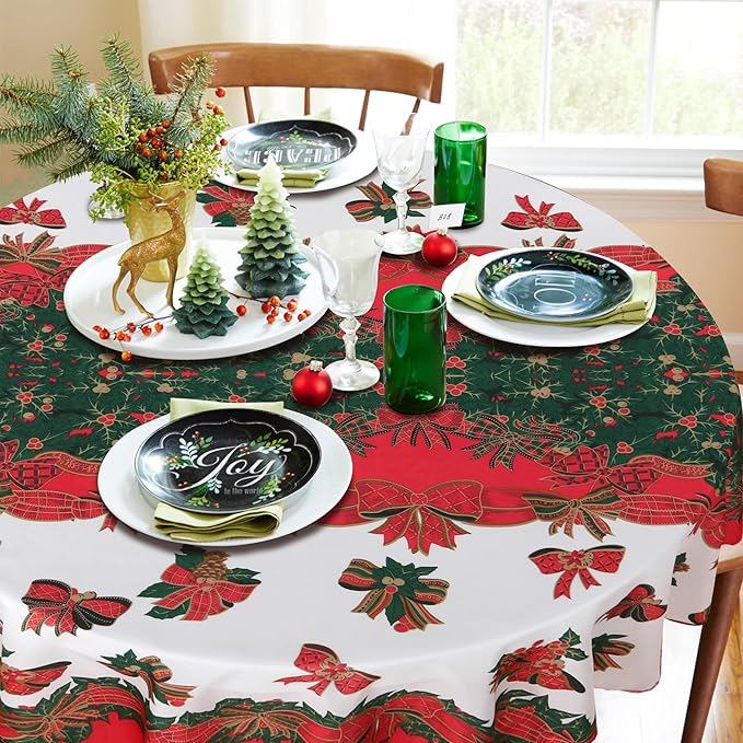 LUSHVIDA Christmas Tablecloth Round - 60inch Holly Ribbon Pattern Washable Wrinkle Resistant Holiday Tablecloths for Christmas Family Gathering, Dining Room Table 130GSM