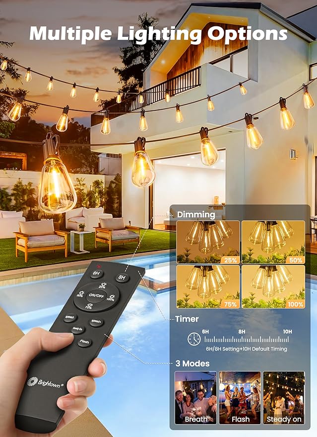 Brightown Solar String Lights Outdoor Waterproof 75FT with 35 Shatterproof ST38 LED Bulbs, 2700K Solar Lights Outdoor with Remote, Solar String Lights for Outside, Camping, Yard, Party Decor