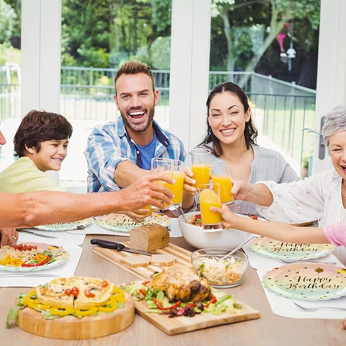 50PCS Pastel Rainbow Birthday Paper Plates, 7 Inch Disposable Happy Birthday Dessert Plates Cake Plate Scalloped Colorful Gold Dot Party Plate Aniversary Party Supplies Decorations for Boys Girls